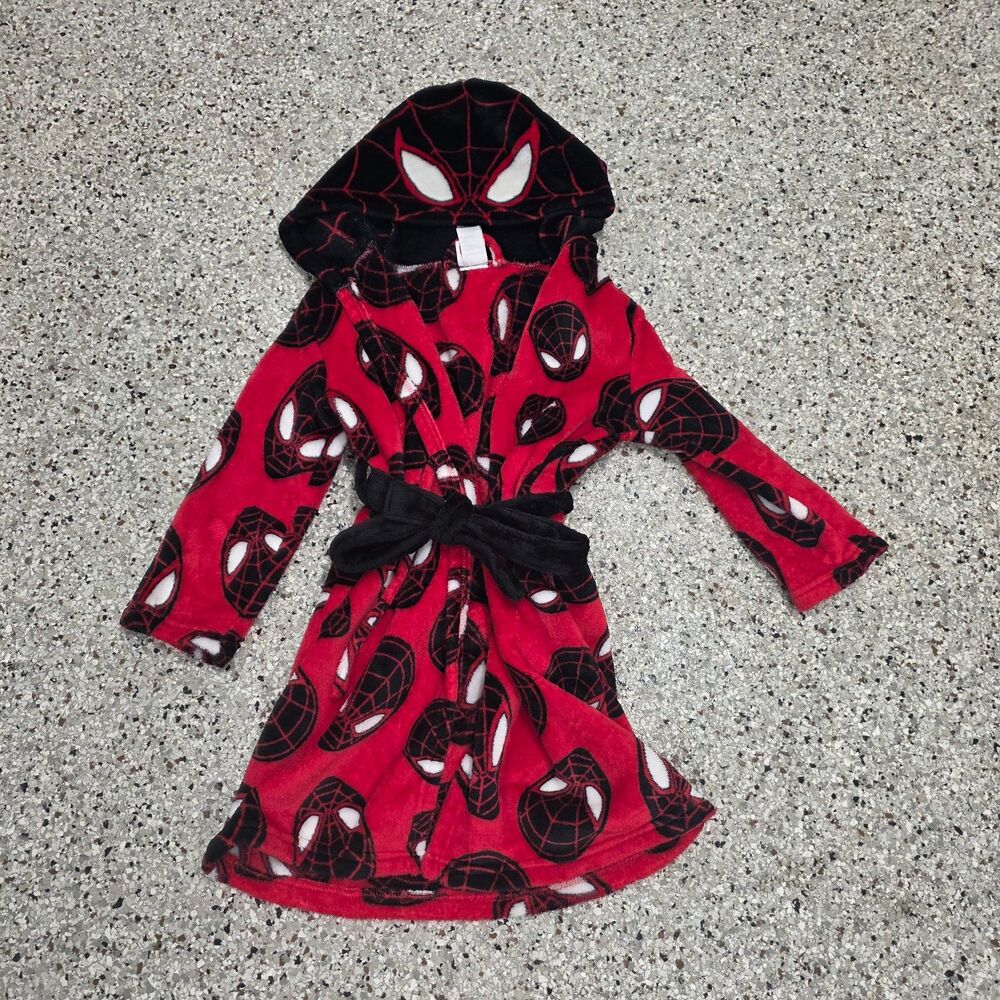 Marvel Spider-Man Hooded Fleece Robe Red Black Boys XS 4/5 Plush Belt